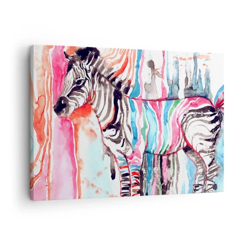 Obraz na płótnie - Kolorowa zebra na tle abstrakcyjnych akwarelowych wzorów - 70x50cm - Beztroski żart natury - Nowoczesna dekoracja ścienna do salonu i sypialni ARTTOR