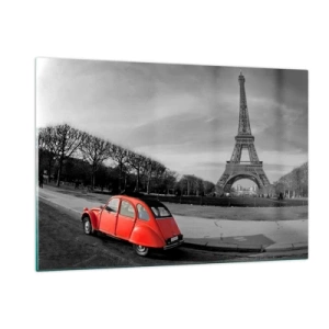 Obraz na szkle - Czerwony samochód na tle Wieży Eiffla w czarno-białej scenerii - 120x80cm - Bardziej paryskie niż sam Paryż - Nowoczesna dekoracja ścienna do salonu, kuchni i sypialni ARTTOR