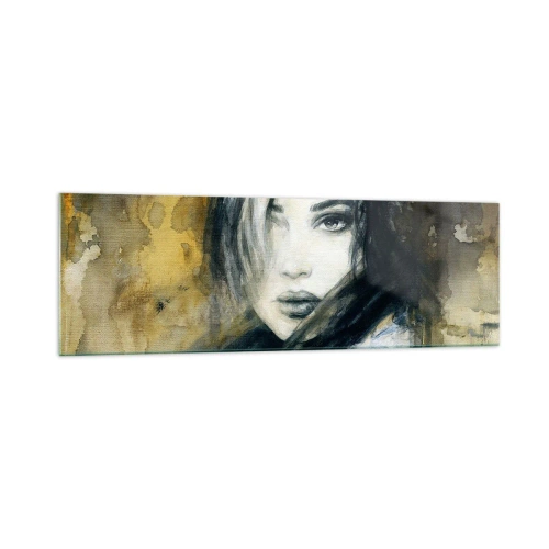 Obraz na szkle - Portret kobiety na tle abstrakcyjnych plam w odcieniach beżu - 160x50cm - bardziej niewinna czy zmysłowa? - Nowoczesna dekoracja ścienna do salonu i sypialni ARTTOR