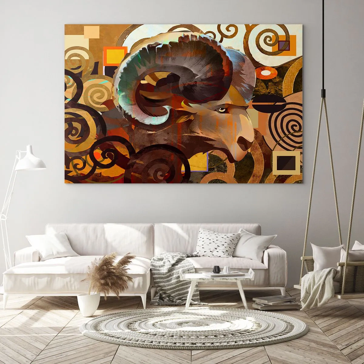 Obraz na szkle - Artystyczny wizerunek barana w geometrycznej i spiralnej kompozycji - 100x70cm - Magie - religie - rytuały - Nowoczesna dekoracja ścienna do salonu, kuchni i sypialni ARTTOR