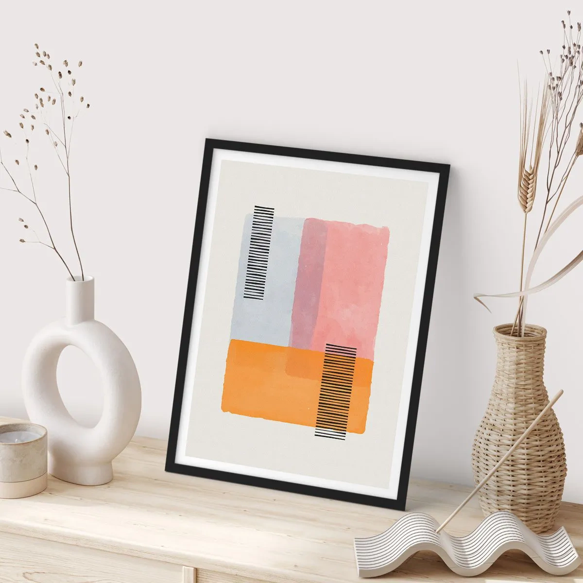 Plakat w czarnej ramie - Geometryczne formy w pastelowych kolorach z akcentami linii - 50x70cm - Z kąta w kąt - Nowoczesna dekoracja ścienna do salonu i sypialni ARTTOR