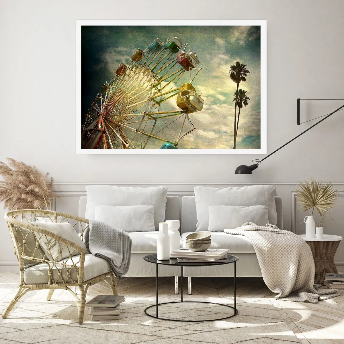 Plakat - Retro fotografia diabelskiego młyna z palmami na tle nieba - 100x70cm - Będzie, będzie zabawa… - Nowoczesna dekoracja ścienna do salonu i sypialni ARTTOR