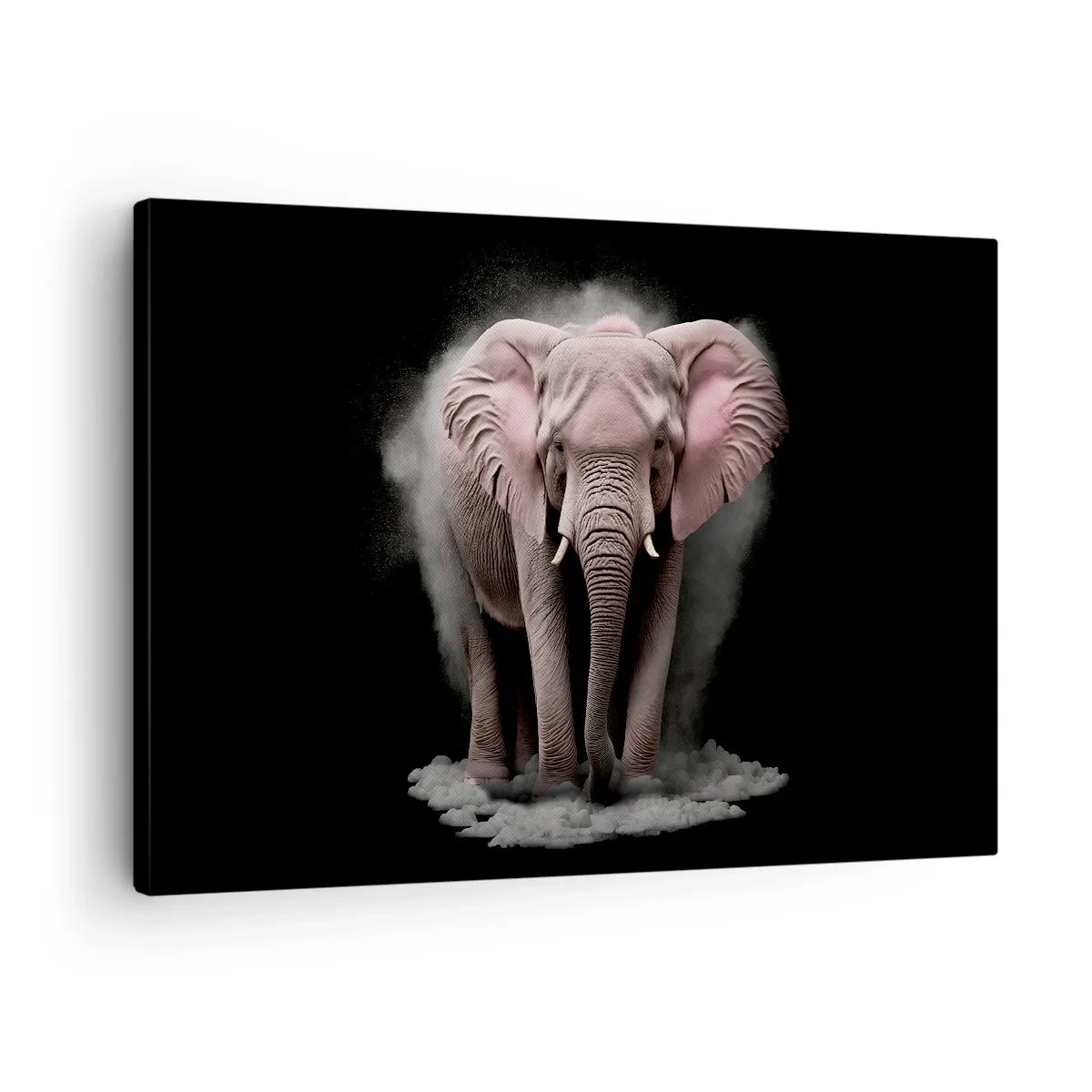 Obraz na płótnie - Różowy słoń na czarnym tle w artystycznym ujęciu - 70x50cm - Nie myśl o różowym słoniu! - Nowoczesna dekoracja ścienna do salonu i sypialni ARTTOR