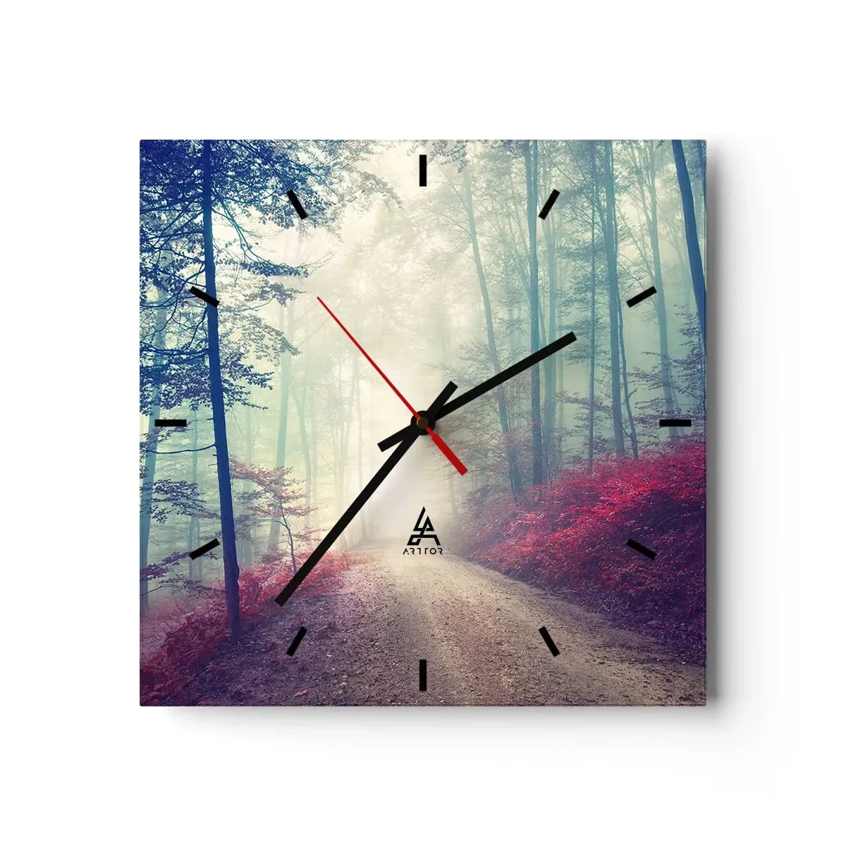 Zegar ścienny - Magiczna ścieżka leśna otoczona drzewami i mgłą - 30x30cm - Jak dobrze wstać skoro świt - Nowoczesna dekoracja ścienna do salonu i sypialni ARTTOR