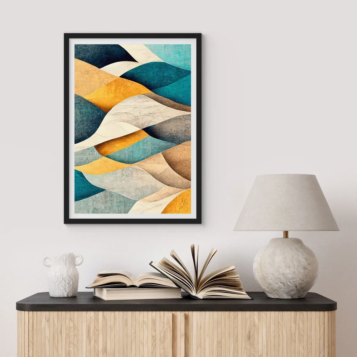 Plakat w czarnej ramie - Abstrakcyjna kompozycja falistych kształtów w złocisto-niebieskich barwach - 50x70cm - Rytm i falowanie - Nowoczesna dekoracja ścienna do salonu i sypialni ARTTOR