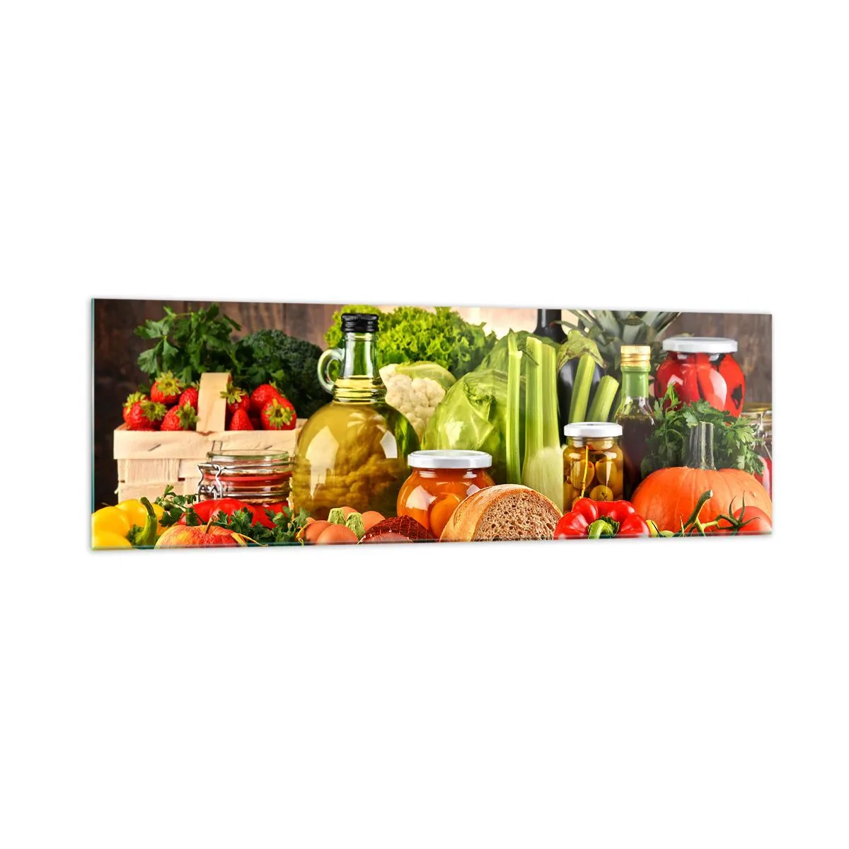 Obraz na szkle - Kolorowe owoce, warzywa i produkty spożywcze - 160x50cm - Wędzone, pieczone, marynowane - Nowoczesna dekoracja ścienna do salonu i sypialni ARTTOR