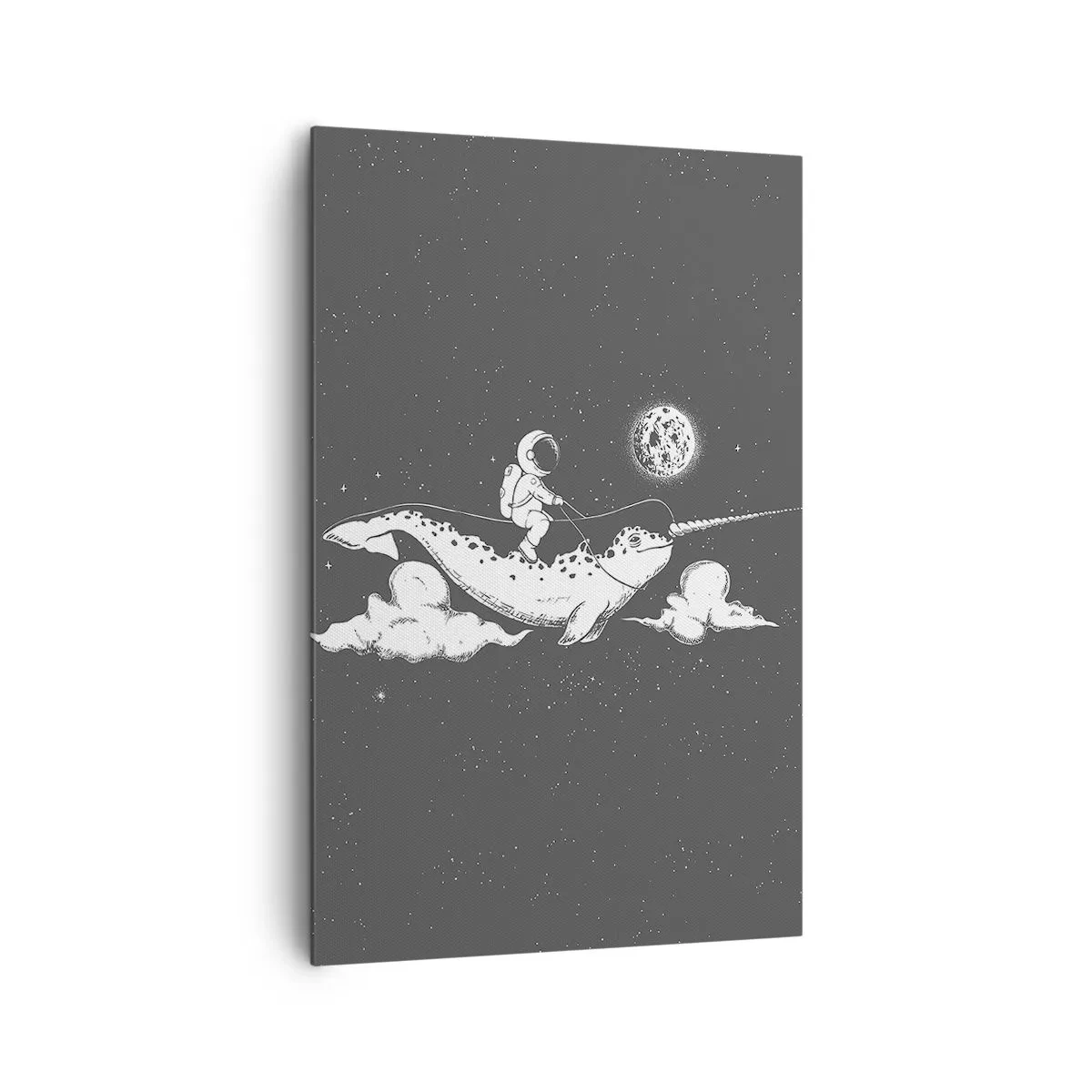 Obraz na płótnie - Astronauta na grzbiecie narwala unoszącego się w kosmicznej scenerii - 80x120cm - Kosmiczny jeździec - Nowoczesna dekoracja ścienna do salonu i sypialni ARTTOR