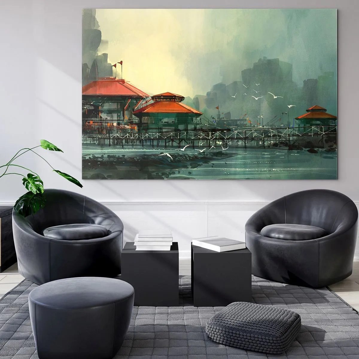 Obraz na szkle - Portowe budynki z czerwonymi dachami na tle mgły - 70x50cm - Słotny dzień w porcie - Nowoczesna dekoracja ścienna do salonu i sypialni ARTTOR