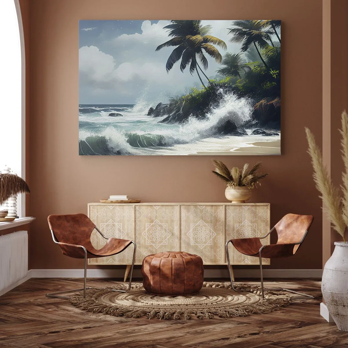 Obraz na płótnie - Tropikalny brzeg z palmami i wzburzonym morzem - 70x50cm - Na tropikalnym brzegu - Nowoczesna dekoracja ścienna do salonu i sypialni ARTTOR