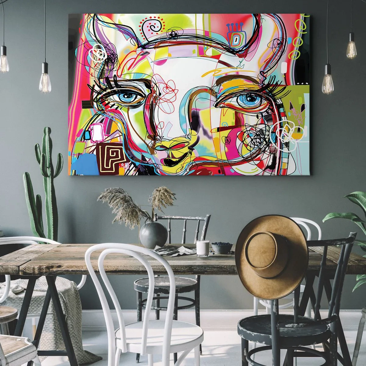 Obraz na płótnie - Kolorowy portret w abstrakcyjnym artystycznym stylu - 70x50cm - Bogactwo kociej matury - Nowoczesna dekoracja ścienna do salonu i sypialni ARTTOR