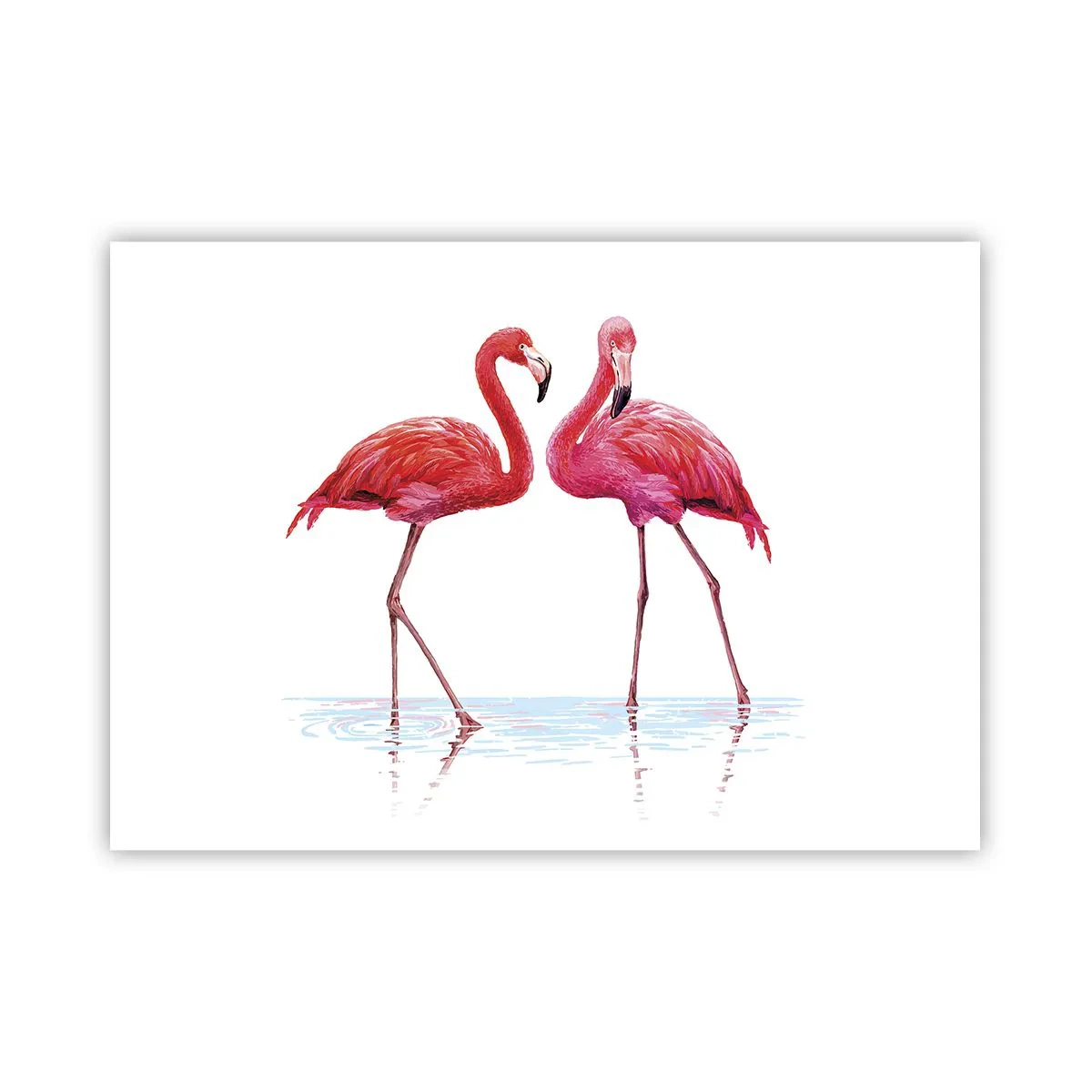 Plakat - Para flamingów w wodzie na jasnym tle - 100x70cm - Różowe randez-vous - Nowoczesna dekoracja ścienna do salonu i sypialni ARTTOR