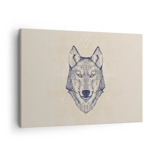 Obraz na płótnie - Geometryczny wilk na jasnym tle z minimalistycznymi wzorami - 70x50cm - Alfa o przenikliwym spojrzeniu - Nowoczesna dekoracja ścienna do salonu i sypialni ARTTOR
