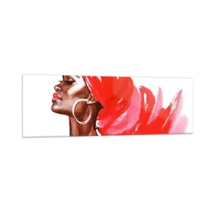 Obraz na szkle - Profil kobiety z czerwonym turbanem i kolczykami - 160x50cm - "Jest wiatr, co nozdrza mężczyzny rozchyla" - Nowoczesna dekoracja ścienna do salonu i sypialni ARTTOR
