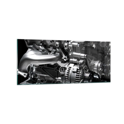 Obraz na szkle - Metalowe części silnika w zbliżeniu na czarnym tle - 120x50cm - Stalowy, piękny, silny - Nowoczesna dekoracja ścienna do salonu i sypialni ARTTOR