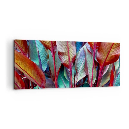 Obraz na płótnie - Kolorowe liście tropikalnych roślin w gąszczu - 120x50cm - Kolorowy gąszcz - Nowoczesna dekoracja ścienna do salonu i sypialni ARTTOR