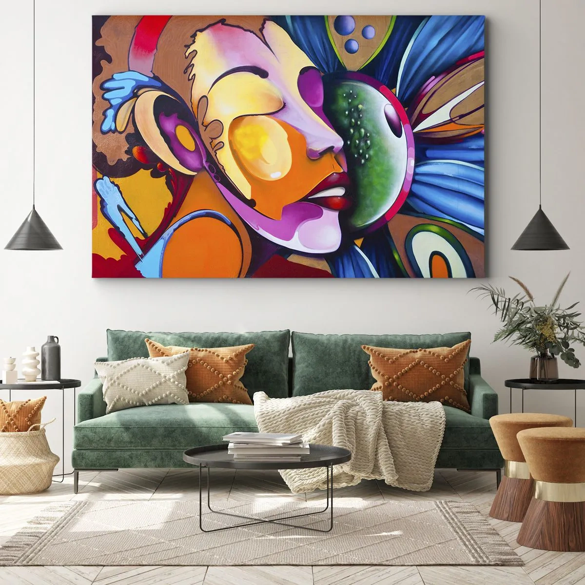 Obraz na płótnie - Kolorowa abstrakcja z motywem twarzy w dynamicznej kompozycji - 70x50cm - Dotknąć kolorem - Nowoczesna dekoracja ścienna do salonu i sypialni ARTTOR