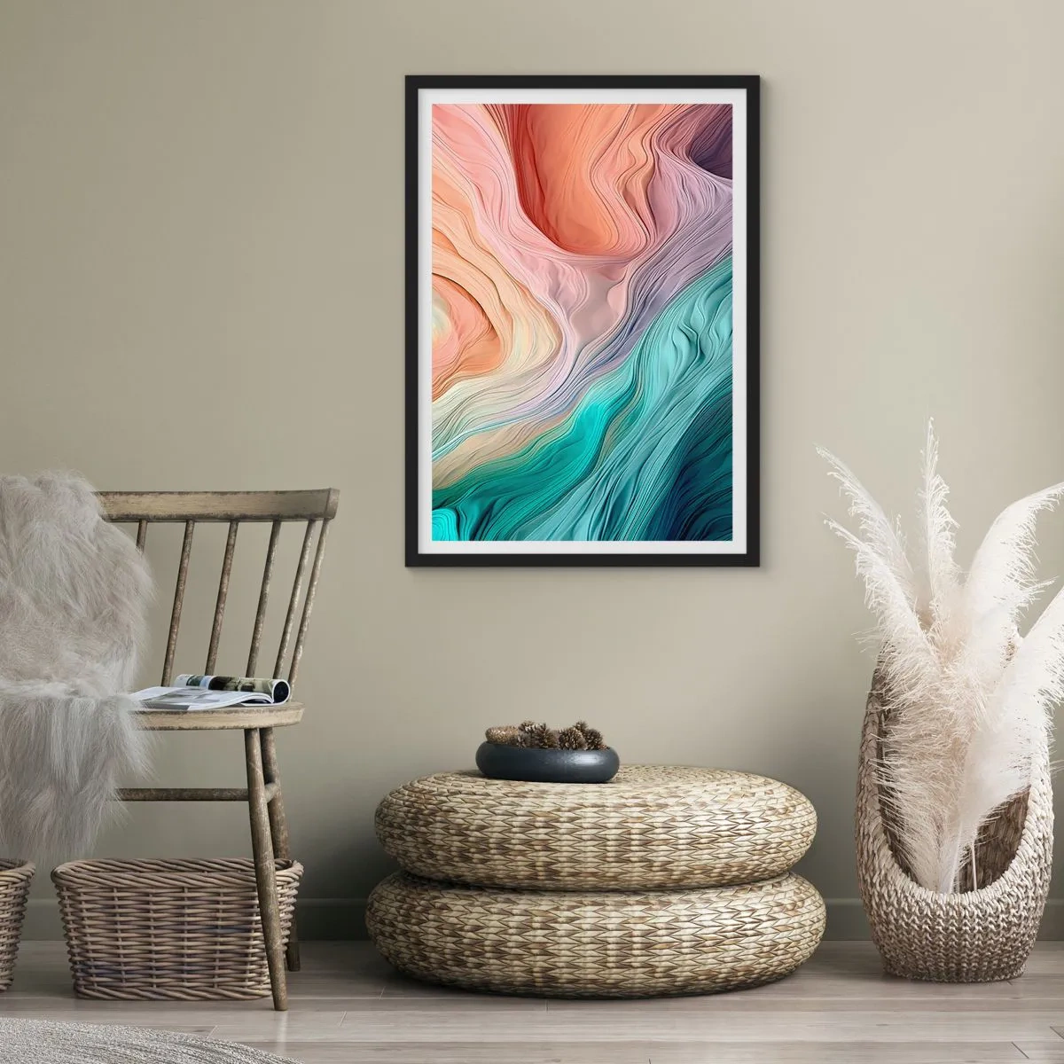 Plakat w czarnej ramie - Abstrakcyjna kompozycja falistych linii w pastelowych barwach - 50x70cm - Tęczowa fala - Nowoczesna dekoracja ścienna do salonu i sypialni ARTTOR