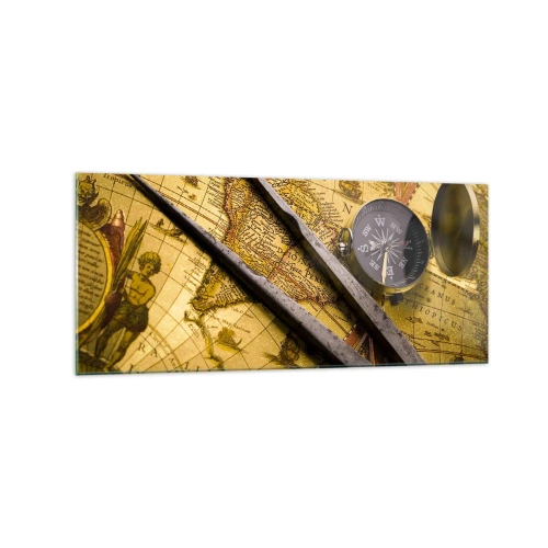 Obraz na szkle - Zabytkowa mapa świata z kompasem i cyrklem na tle - 120x50cm - Gdze te skarby? - Nowoczesna dekoracja ścienna do salonu i sypialni ARTTOR