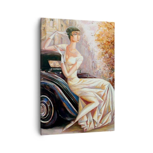 Obraz na płótnie - Elegancka kobieta w wieczorowej sukni przy klasycznym aucie - 50x70cm - Elegancja w stylu retro - Nowoczesna dekoracja ścienna do salonu, kuchni i sypialni ARTTOR