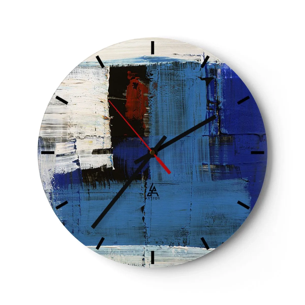 Zegar ścienny - Nowoczesna abstrakcja z dominującym błękitem i akcentem czerwieni - 30x30cm - Sekret błękitu - Nowoczesna dekoracja ścienna do salonu, kuchni i sypialni ARTTOR