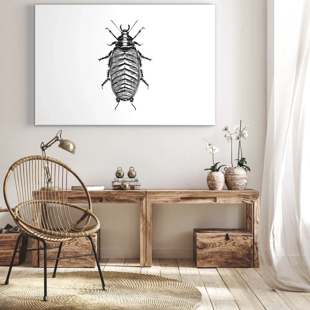 Obraz na płótnie - Grafika czarno-białego owada na białym tle - 70x50cm - Co za okaz! - Nowoczesna dekoracja ścienna do salonu i sypialni ARTTOR