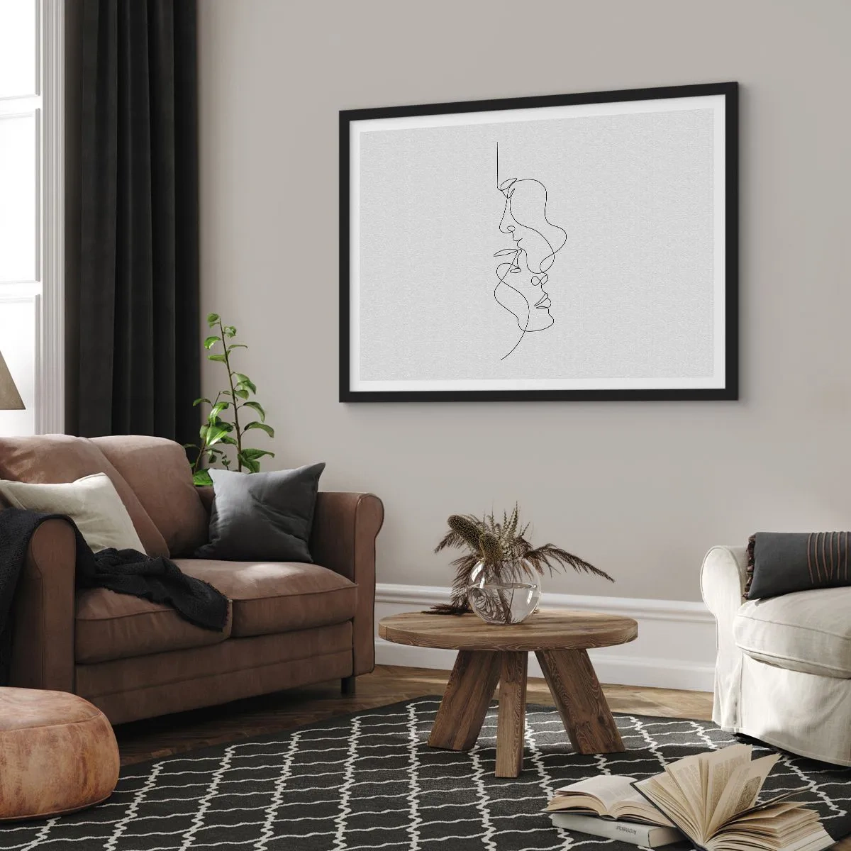 Plakat w czarnej ramie - Minimalistyczny rysunek dwóch twarzy w jednym ciągu linii - 70x50cm - Żar rzewnych żądz - Nowoczesna dekoracja ścienna do salonu i sypialni ARTTOR
