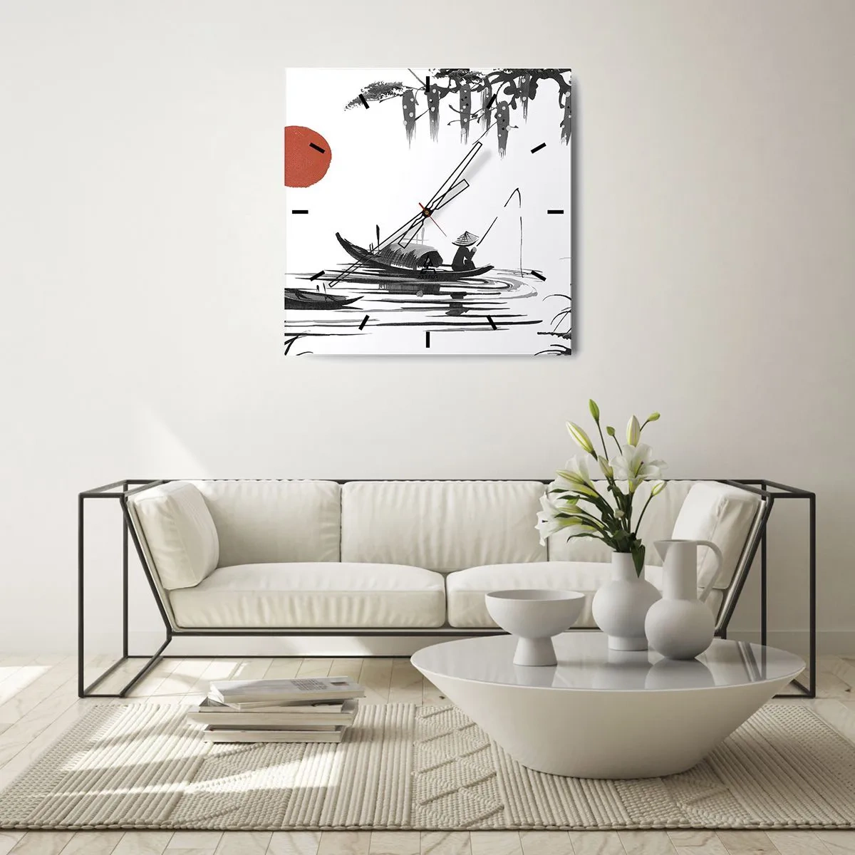 Zegar ścienny - Orientalny krajobraz z rybakiem na łodzi i czerwonym słońcem - 30x30cm - Azjatyckie popołudnie - Nowoczesna dekoracja ścienna do salonu i sypialni ARTTOR