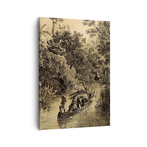 Obraz na płótnie - Rysunek przedstawiający ludzi w łodzi na tle tropikalnej dżungli - 50x70cm - Wyprawa do źródła - Nowoczesna dekoracja ścienna do salonu, kuchni i sypialni ARTTOR