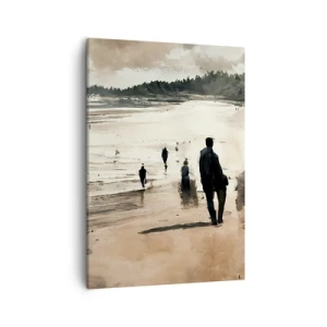 Obraz na płótnie - Malarska ilustracja spacerujących osób na plaży w stonowanych barwach - 50x70cm - Przywołani - Nowoczesna dekoracja ścienna do salonu, kuchni i sypialni ARTTOR