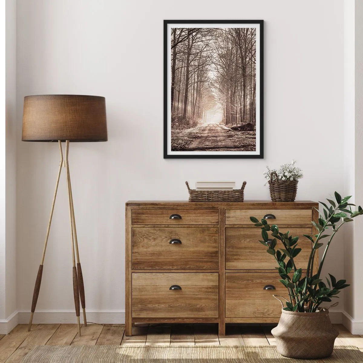 Plakat w czarnej ramie - Leśna ścieżka w jesiennych odcieniach sepii - 50x70cm - Leśna katedra - Nowoczesna dekoracja ścienna do salonu i sypialni ARTTOR