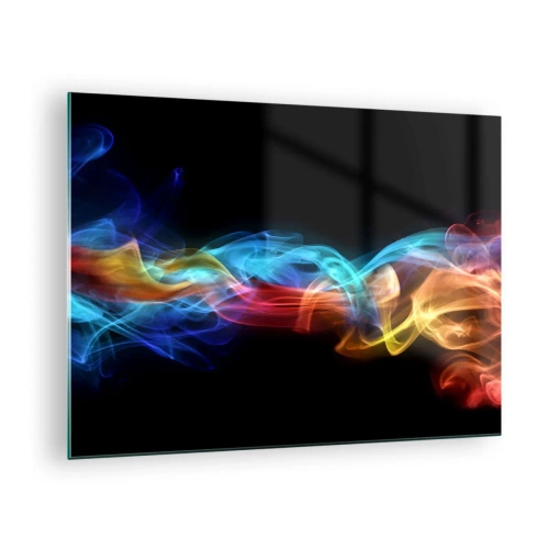 Obraz na szkle - Kolorowe smugi dymu na czarnym tle tworzące abstrakcyjny wzór - 70x50cm - Tęczowy taniec mgieł - Nowoczesna dekoracja ścienna do salonu i sypialni ARTTOR