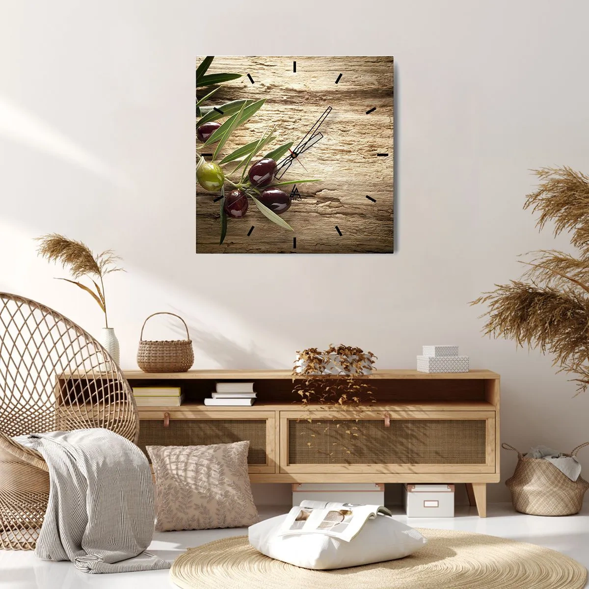 Zegar ścienny - Gałązka oliwna z owocami na tle postarzanego drewna - 30x30cm - Prosto od natury - Nowoczesna dekoracja ścienna do salonu i sypialni ARTTOR