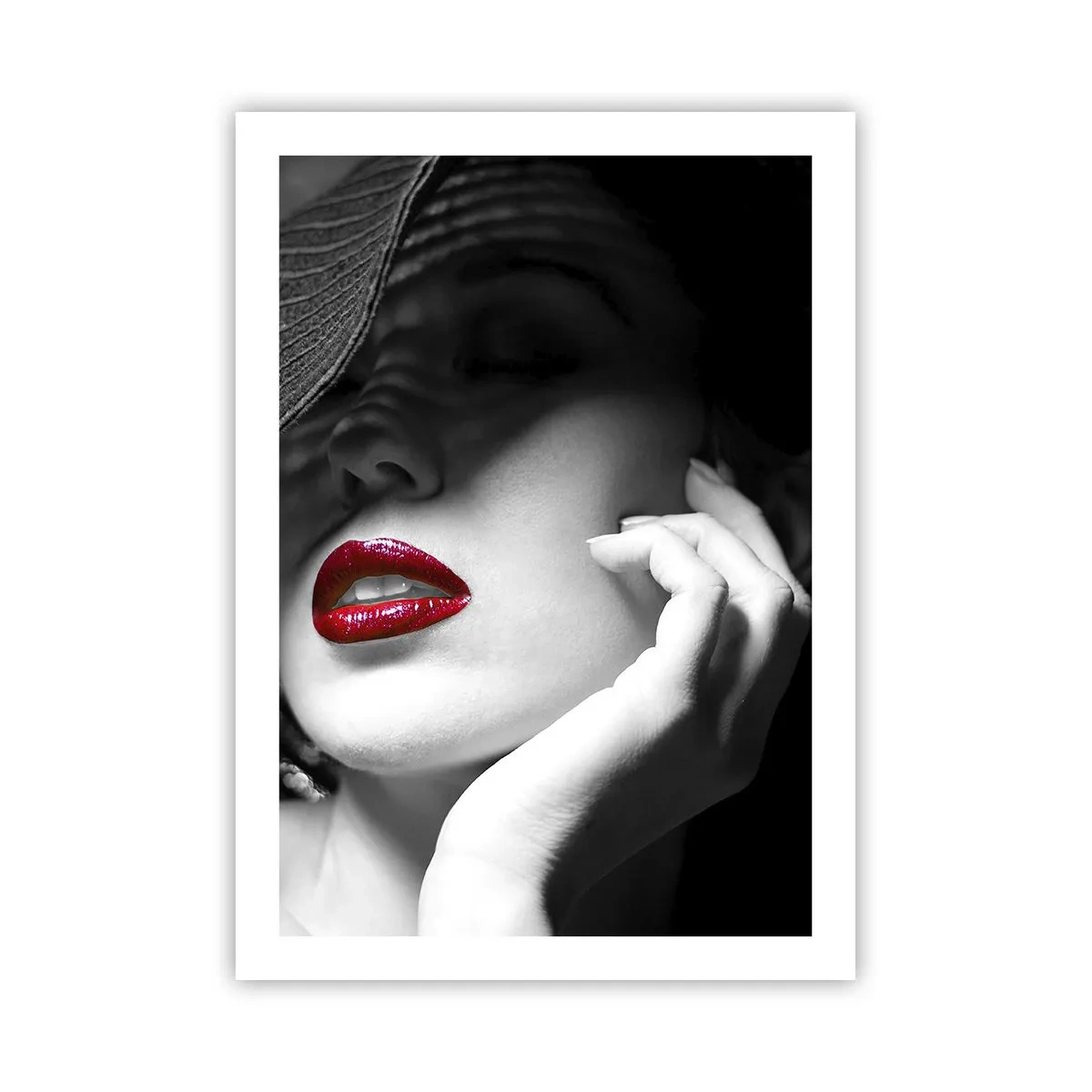 Plakat - Portret kobiety w kapeluszu z czerwonymi ustami - 50x70cm - Studium w szkarłacie - Nowoczesna dekoracja ścienna do salonu, kuchni i sypialni ARTTOR