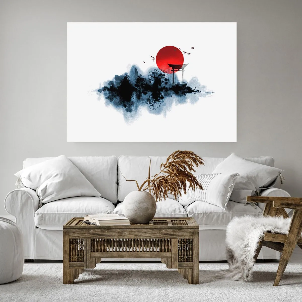 Plakat - Czerwone słońce nad malowniczym krajobrazem z torii - 100x70cm - Japoński widok - Nowoczesna dekoracja ścienna do salonu i sypialni ARTTOR