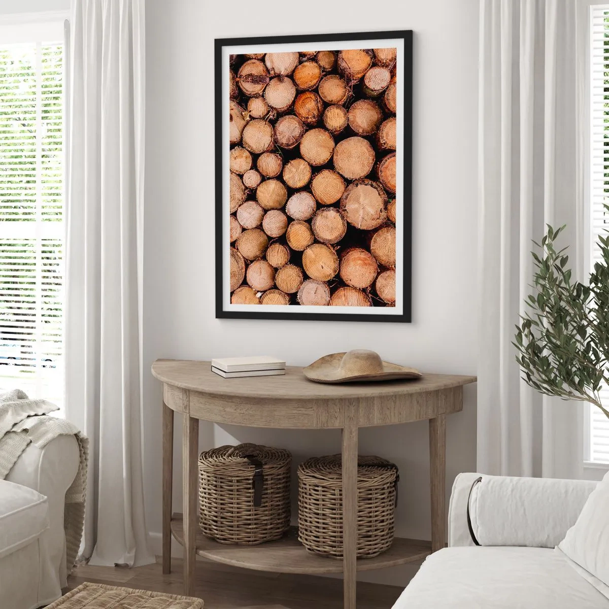 Plakat w czarnej ramie - Naturalne ścięte pnie drzew w artystycznym układzie - 50x70cm - Nowy początek - Nowoczesna dekoracja ścienna do salonu i sypialni ARTTOR