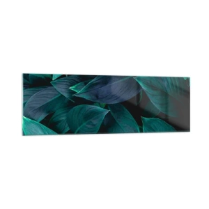 Obraz na szkle - Zbliżenie na zielone liście z ciemnym tłem - 160x50cm - Zieleń sama w sobie - Nowoczesna dekoracja ścienna do salonu i sypialni ARTTOR