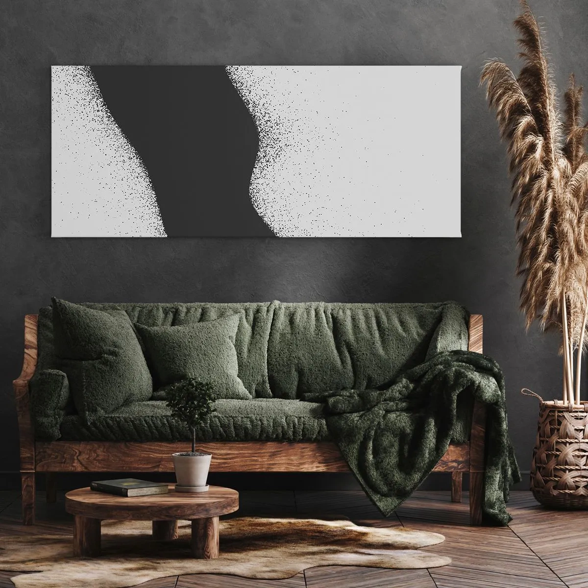 Obraz na płótnie - Abstrakcyjny czarno-biały wzór z delikatnymi kropkami na płótnie - 160x50cm - Płynna równowaga - Nowoczesna dekoracja ścienna do salonu i sypialni ARTTOR