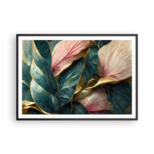 Plakat w czarnej ramie - Eleganckie liście w zieleni, złocie i różu - 100x70cm - Naturalna elegancja i styl - Nowoczesna dekoracja ścienna do salonu i sypialni ARTTOR