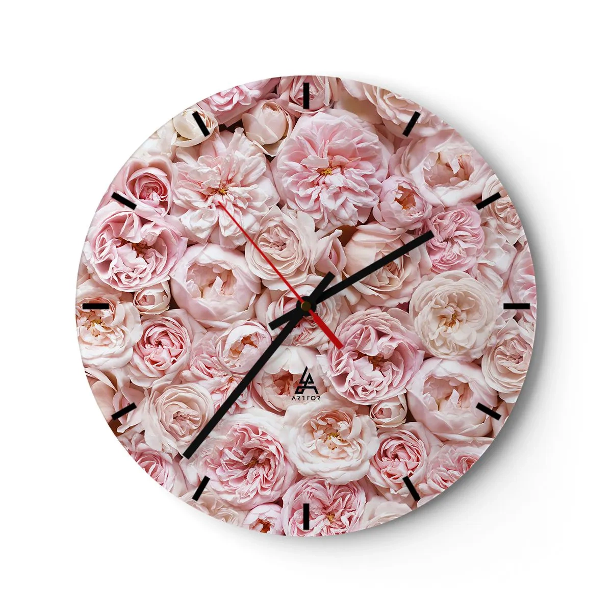 Zegar ścienny - Gęsty bukiet jasnoróżowych róż w pełnym rozkwicie - 30x30cm - Usłane różami - Nowoczesna dekoracja ścienna do salonu, kuchni i sypialni ARTTOR