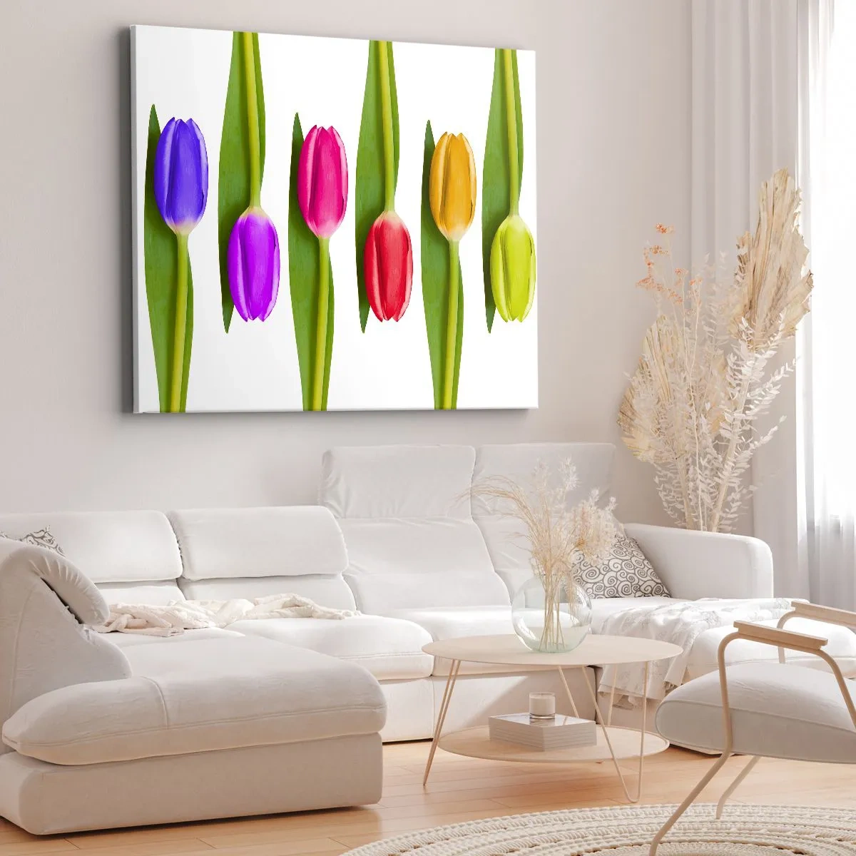 Obraz na płótnie - Różnokolorowe tulipany ułożone w rzędzie na białym tle - 70x50cm - Tęczowa kompozycja - Nowoczesna dekoracja ścienna do salonu i sypialni ARTTOR