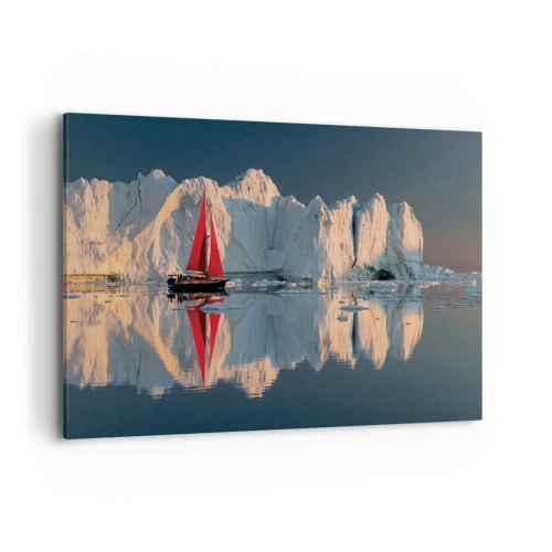 Obraz na płótnie - Żaglówka z czerwonym żaglem na tle lodowca - 120x80cm - Na krańcu świata - Nowoczesna dekoracja ścienna do salonu, kuchni i sypialni ARTTOR