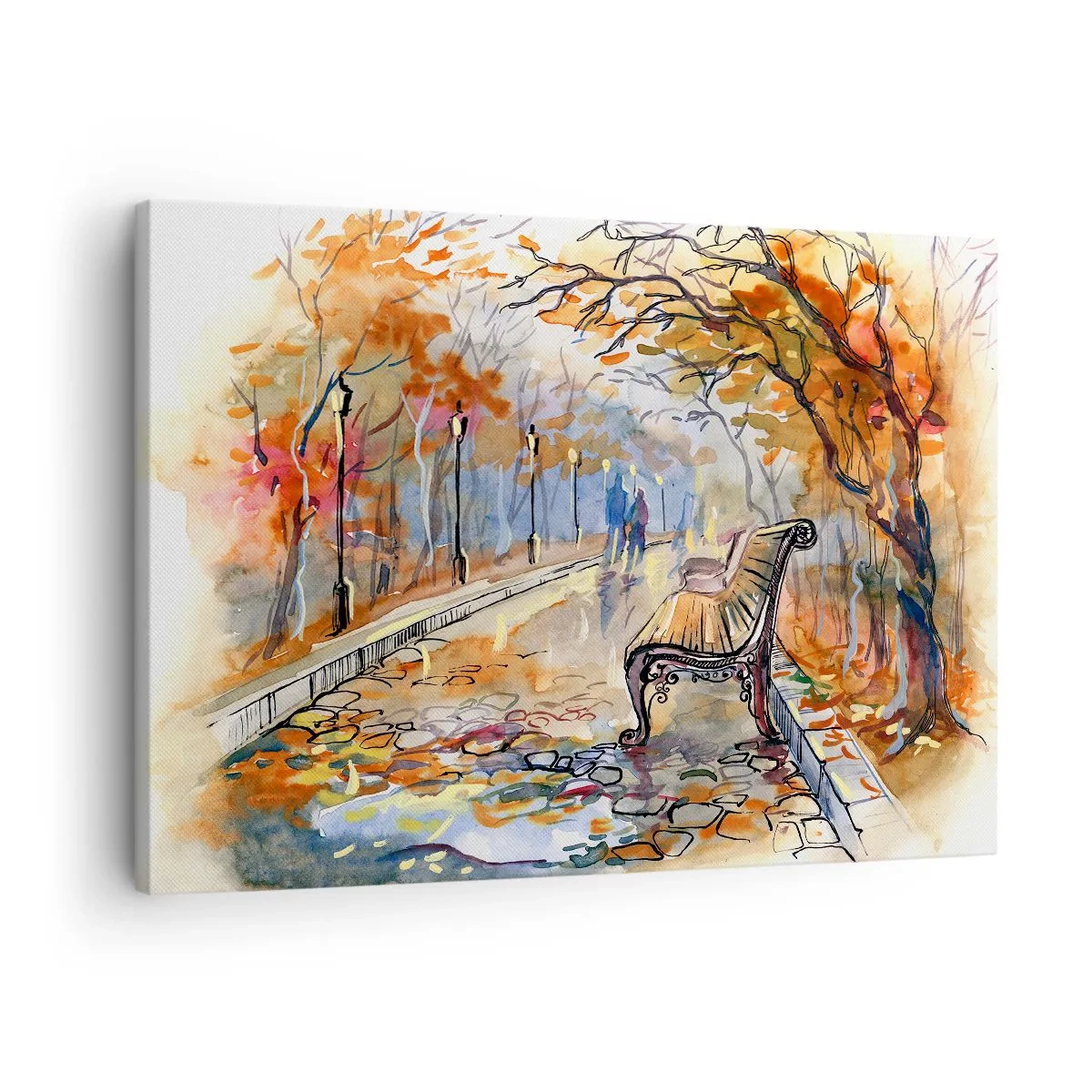 Obraz na płótnie - Jesienny park z ławką w akwarelowym ujęciu - 70x50cm - Razem powędrować w jesień - Nowoczesna dekoracja ścienna do salonu i sypialni ARTTOR