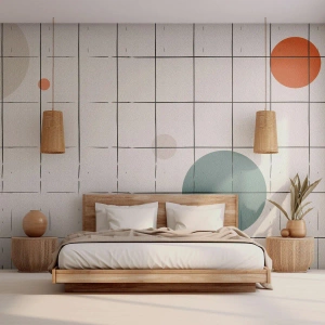 Fototapeta Standard Eco - Kolorowe koła na tle siatki z cienkich czarnych linii - 100x70cm - Uwięzione. My czy one? - Nowoczesna dekoracja ścienna do salonu i sypialni ARTTOR