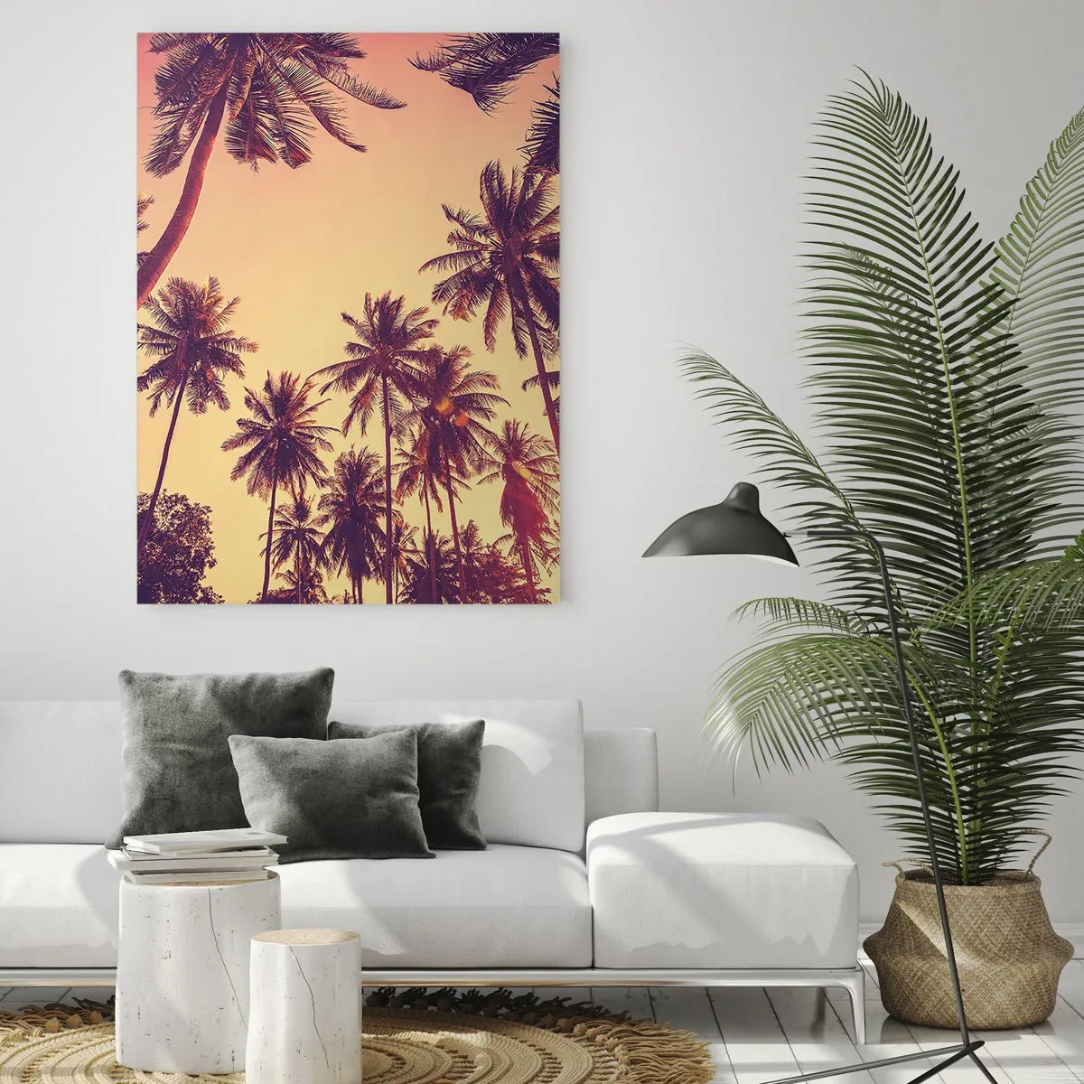 Obraz na szkle - Palmy w promieniach zachodzącego słońca - 50x70cm - Tropikalna wariacja - Nowoczesna dekoracja ścienna do salonu, kuchni i sypialni ARTTOR