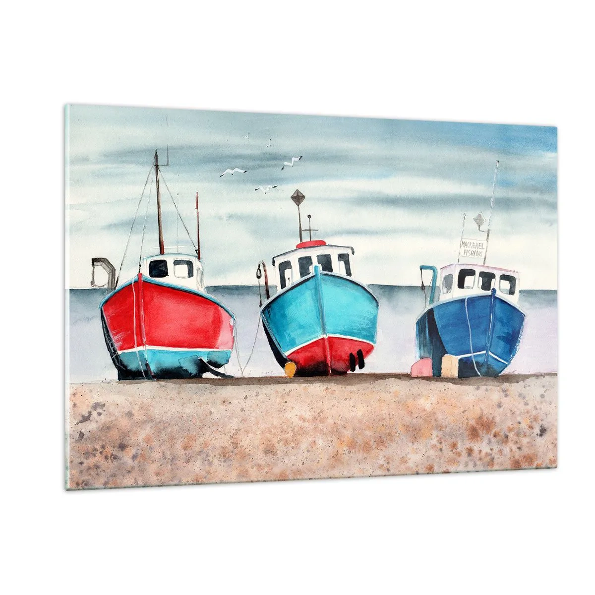 Obraz na szkle - Trzy kolorowe łodzie rybackie na brzegu morza - 120x80cm - Gotowe na połów - Nowoczesna dekoracja ścienna do salonu, kuchni i sypialni ARTTOR