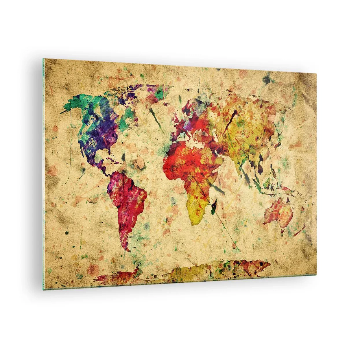 Obraz na szkle - Kolorowa mapa świata na teksturowanym, vintage tle - 70x50cm - Życie jak barwny papier mapy - Nowoczesna dekoracja ścienna do salonu i sypialni ARTTOR