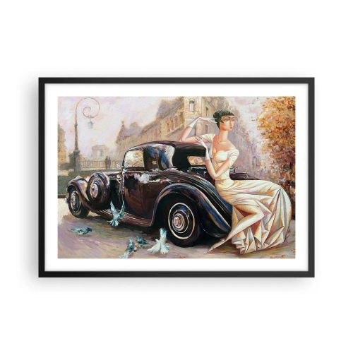 Plakat w czarnej ramie - Kobieta w stylu retro obok klasycznego samochodu - 70x50cm - Elegancja w stylu retro - Nowoczesna dekoracja ścienna do salonu i sypialni ARTTOR
