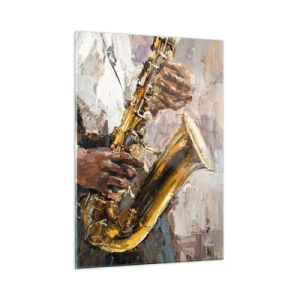 Obraz na szkle - Muzyk grający na saksofonie namalowany techniką impasto - 50x70cm - Czas na solo - Nowoczesna dekoracja ścienna do salonu, kuchni i sypialni ARTTOR