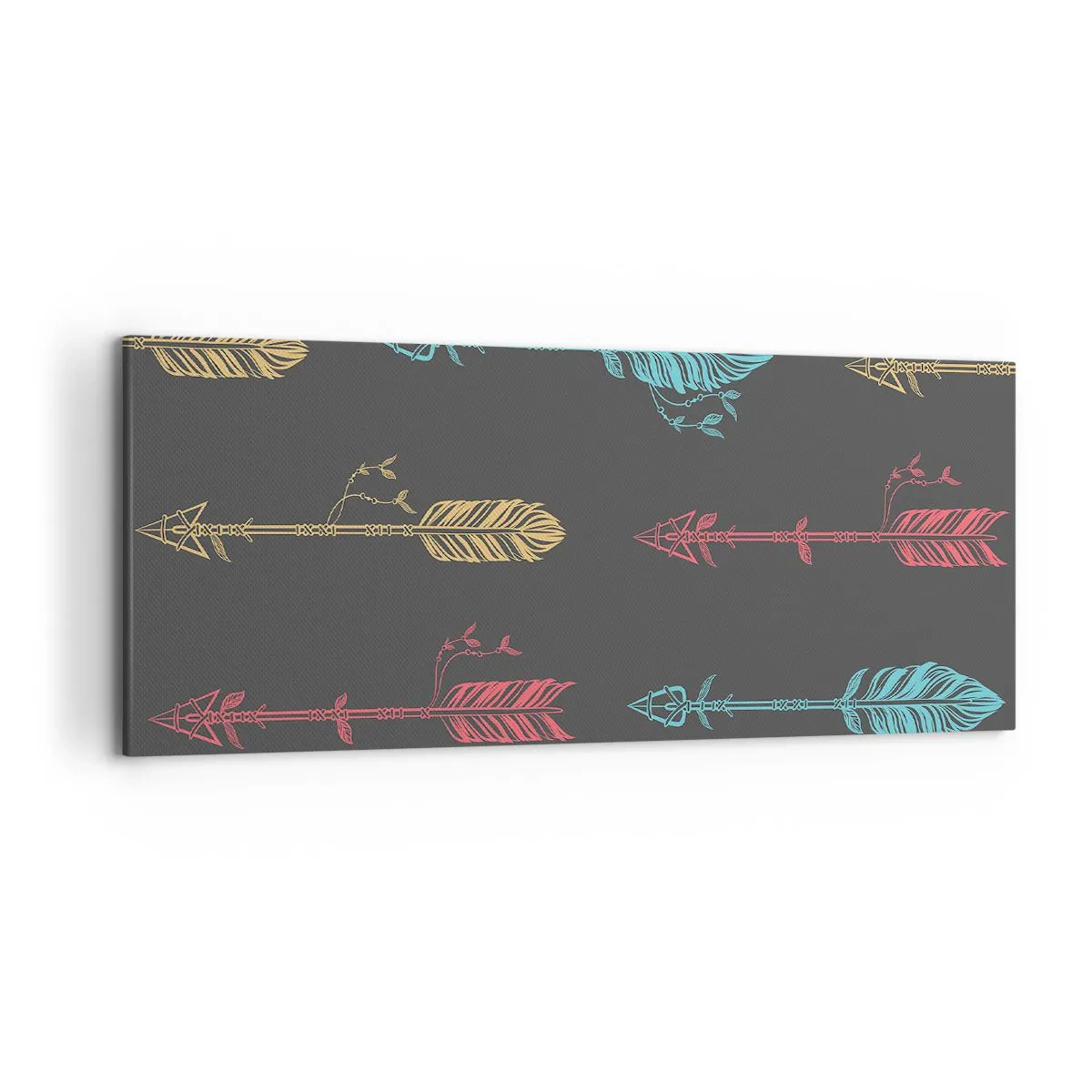 Obraz na płótnie - Stylizowany wzór strzał w pastelowych kolorach na ciemnym tle - 120x50cm - W ordynku - Nowoczesna dekoracja ścienna do salonu i sypialni ARTTOR