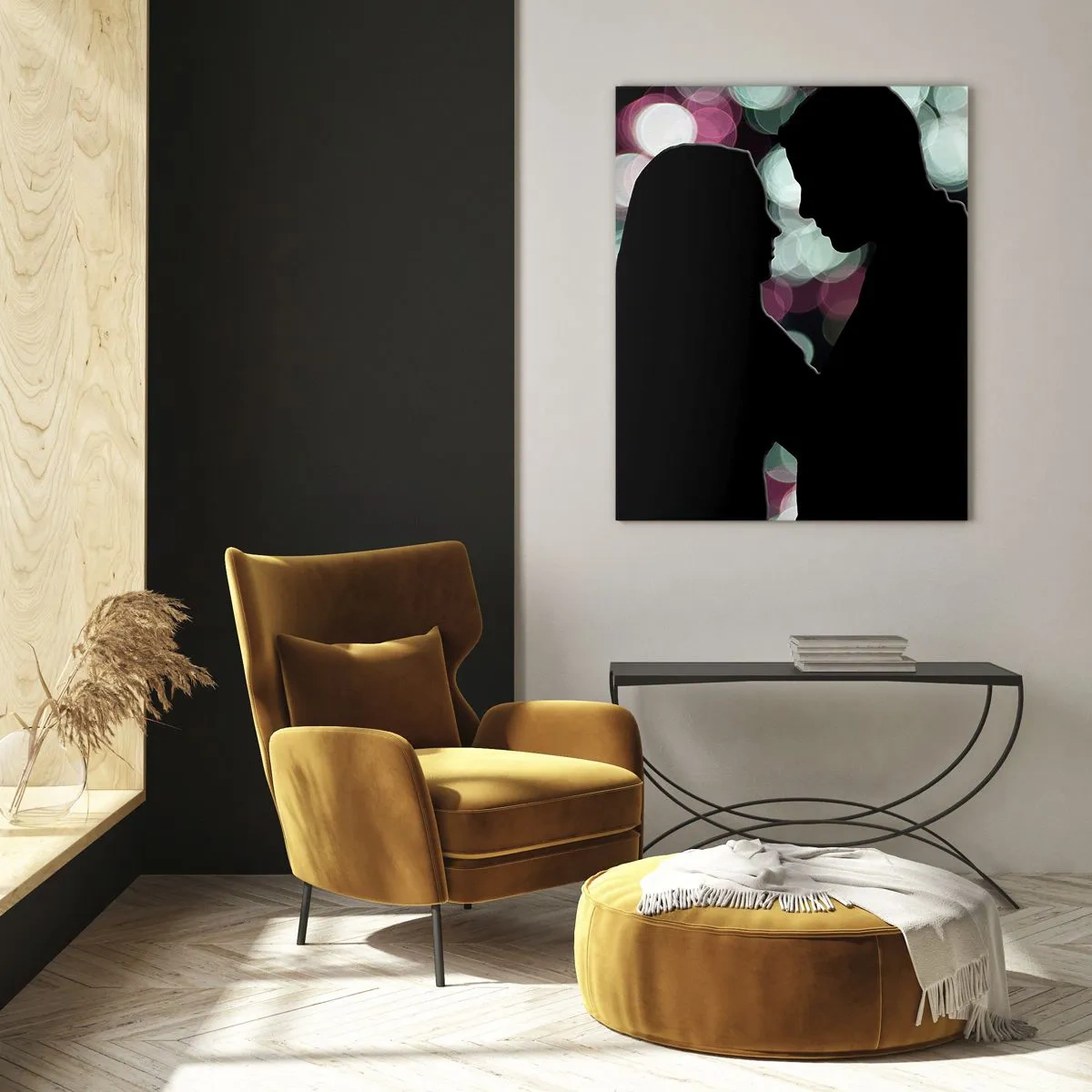 Obraz na szkle - Sylwetki pary na tle kolorowych świateł bokeh - 70x100cm - Tak! - Nowoczesna dekoracja ścienna do salonu i sypialni ARTTOR